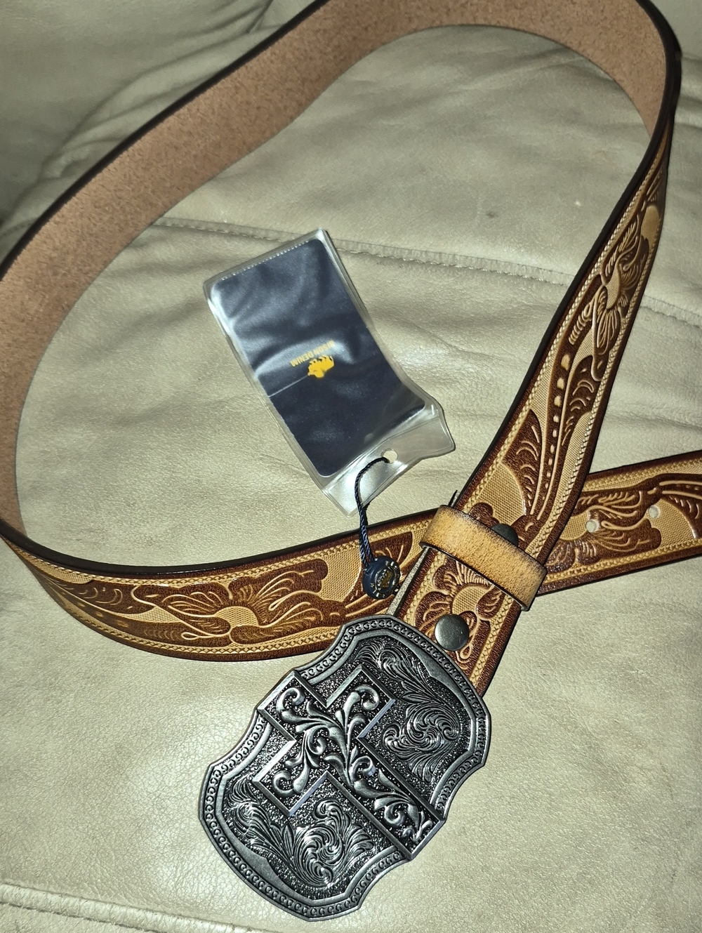 Womens Tooled Leather Western Belt with Ornate Silver Buckle - Bison Denim Nwt